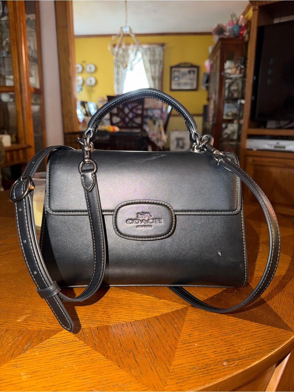 Coach Black Leather Satchel with Top Handle and Detachable Strap